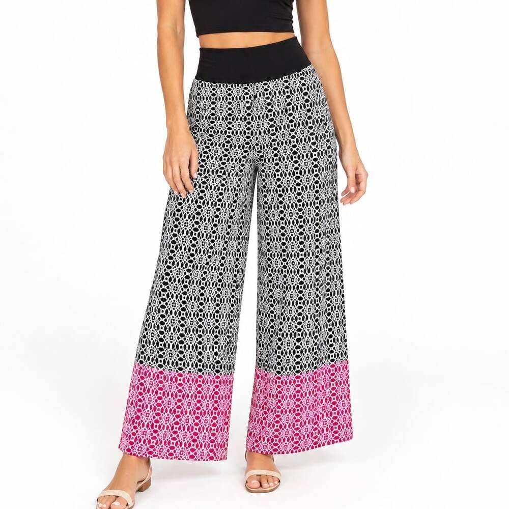 NWT Geometric Print Wide Leg Palazzo Pants Black White Pink